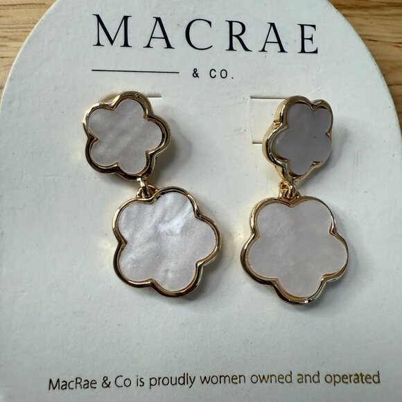 Alahambra Double Drop Earrings White Mother-Of-Pearl Inlay Gold-Tone Setting Mac - Picture 2 of 5